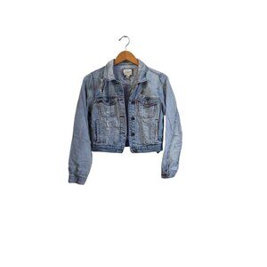 Forever 21 Classic Distressed Denim Women Blue Jean Jacket Medium Cropped